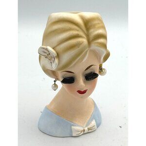 Enesco 4.5  " Lady Head Vase Blue Dress Blonde With Flower VTG Long Lashes As Is